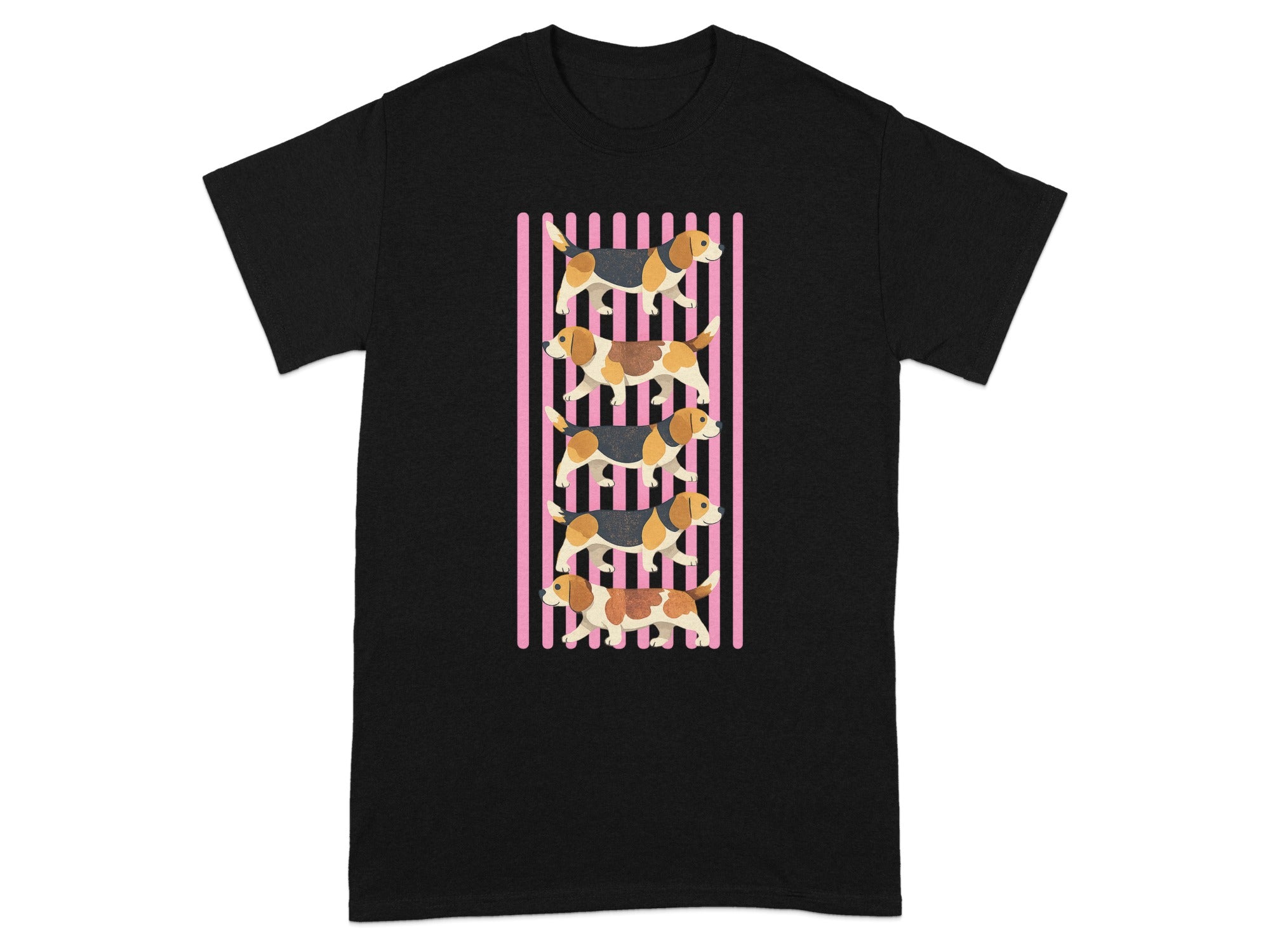 Black t-shirt with a vertical pink stripe design featuring four beagle dogs.