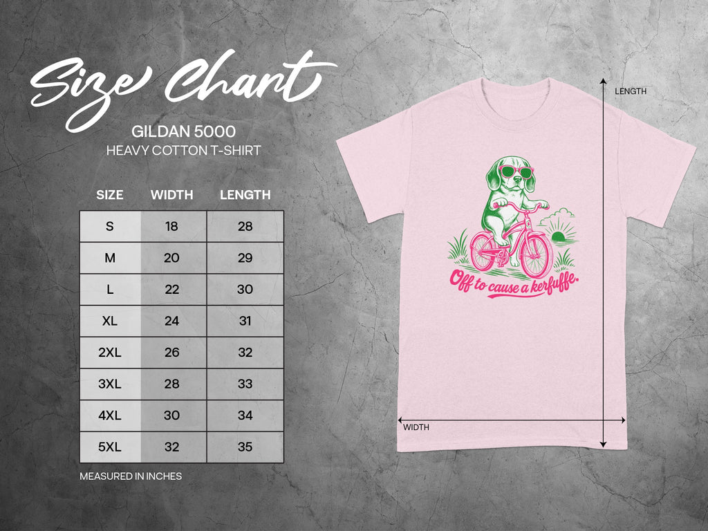 Gildan 5000 t-shirt size chart and dog on a bicycle graphic.
