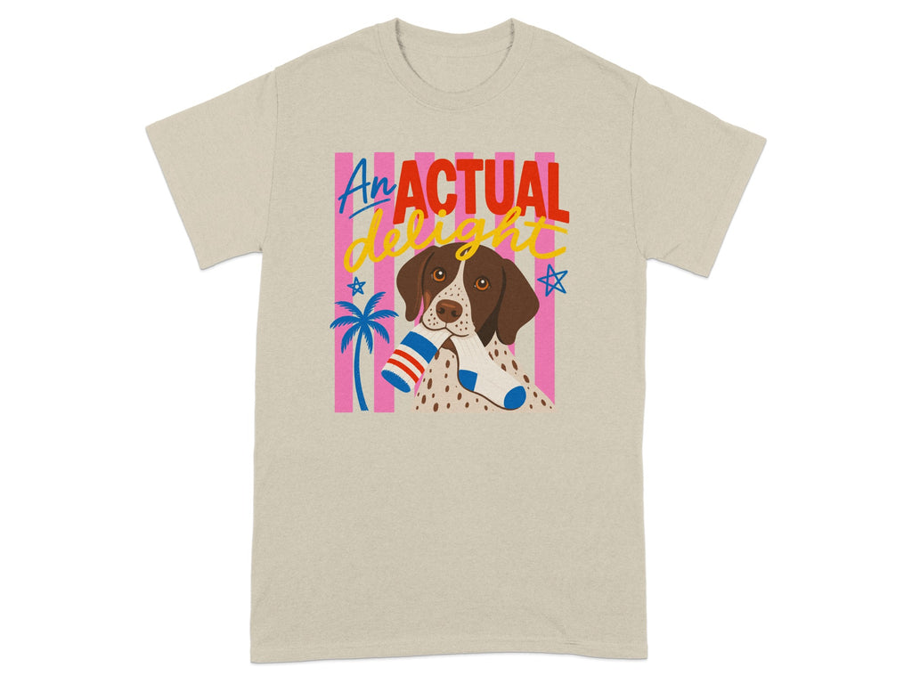 Beige t-shirt with dog holding a sock and colorful stripes.
