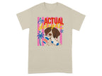 Beige t-shirt with dog holding a sock and colorful stripes.