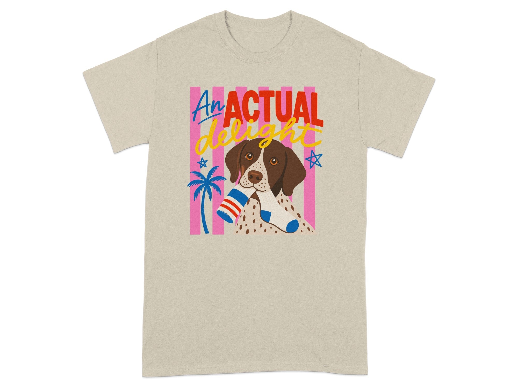 Beige t-shirt with dog holding a sock and colorful stripes.