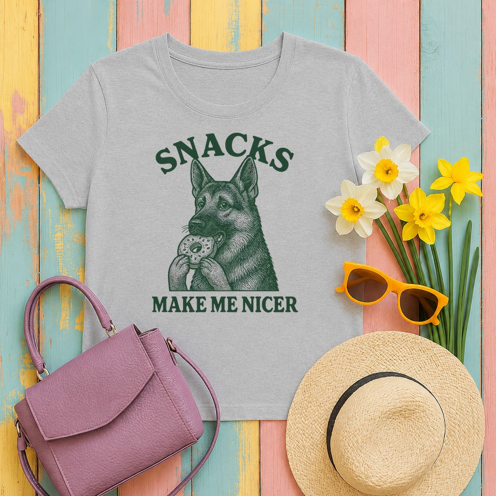 Snacks Make Me Nicer Funny German Shepherd With Donut Cute T-Shirt in Sport Grey