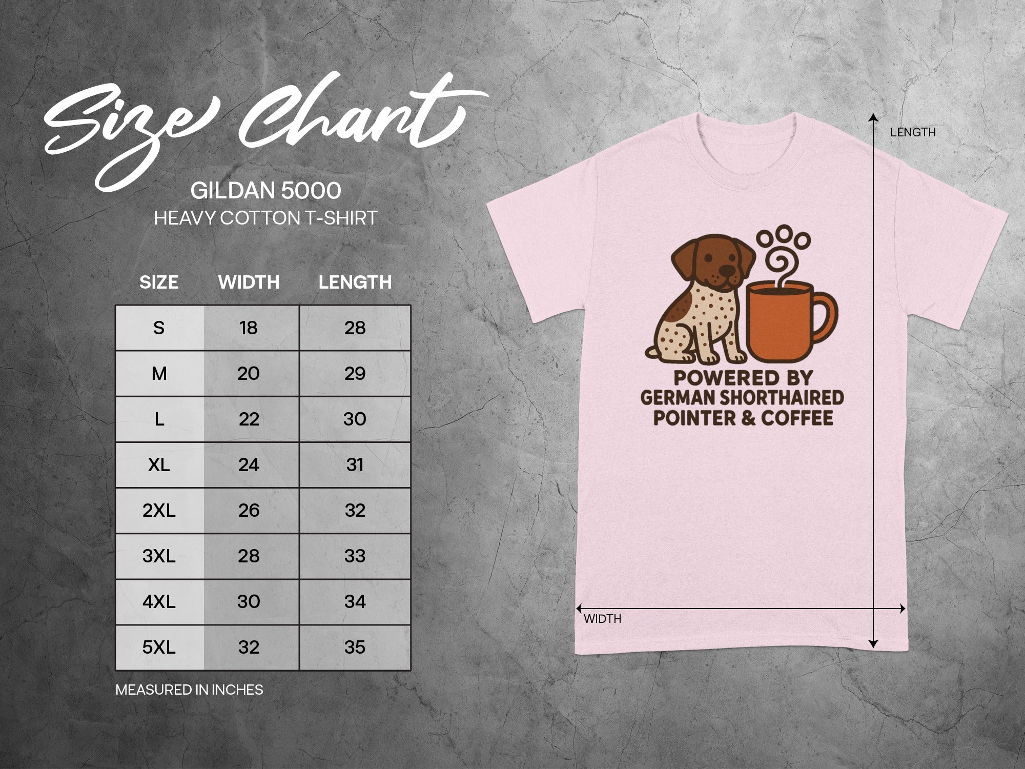 Size chart for Gildan 5000 heavy cotton t-shirt, showing width and length measurements.