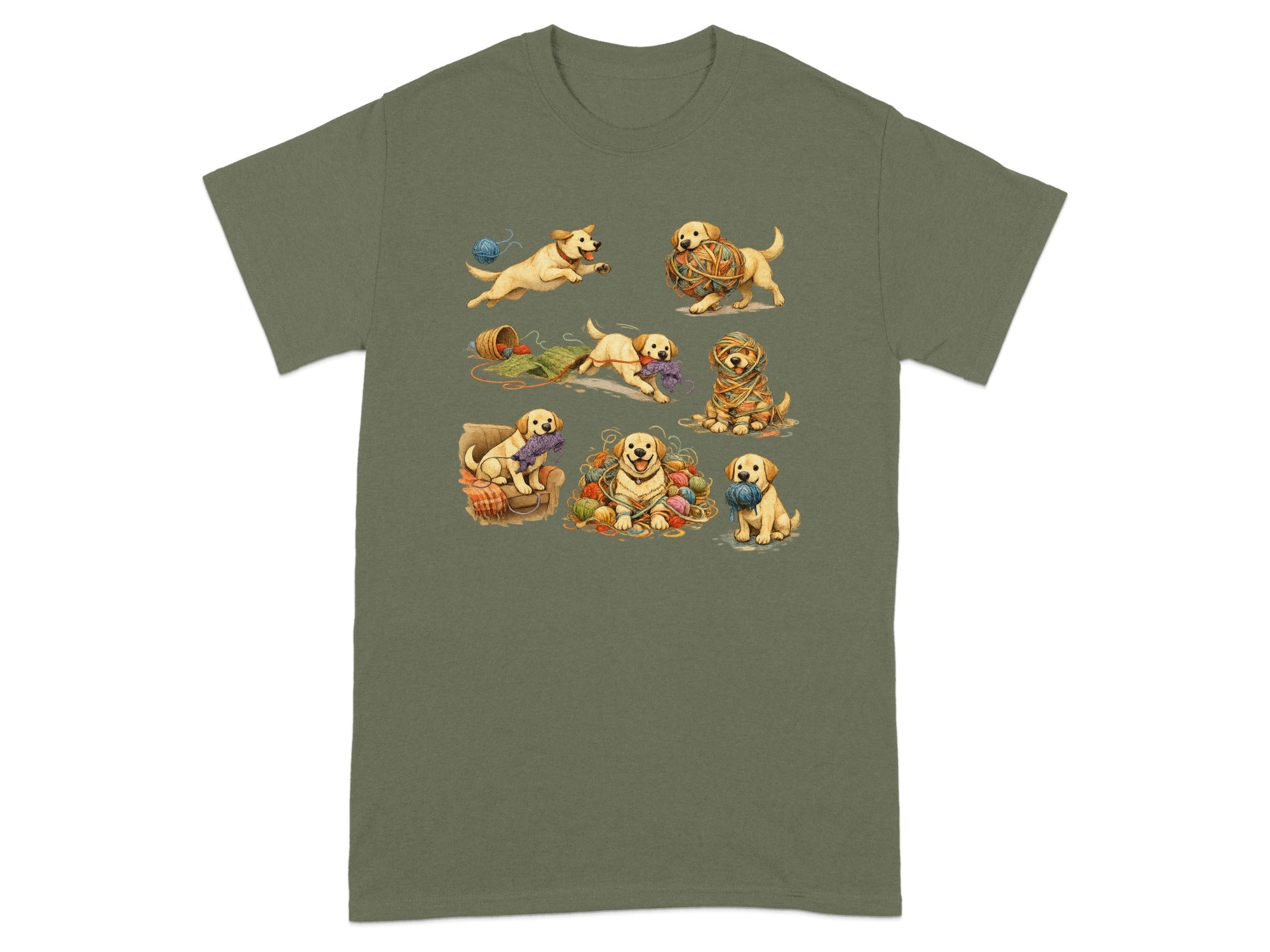 Seven playful puppies interact with balls of yarn in various whimsical scenes.