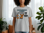 Gray t-shirt with "Chihuahua Logic" flowchart and cartoon dog.