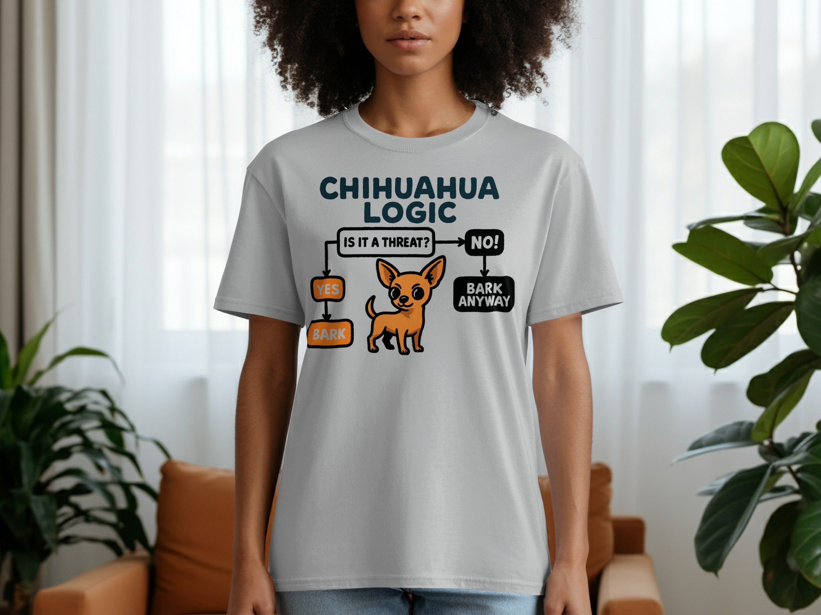 Gray t-shirt with "Chihuahua Logic" flowchart and cartoon dog.