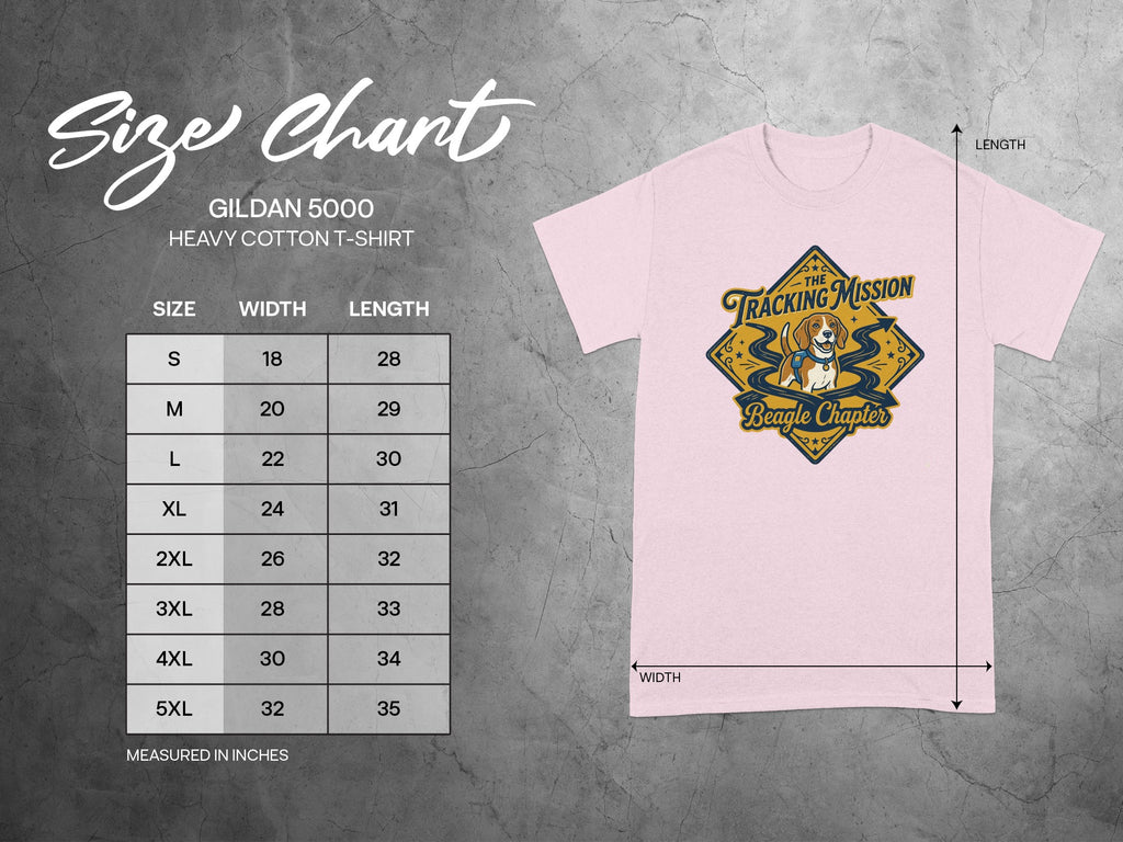 Gildan 5000 t-shirt size chart with width and length measurements for Beagle Chapter shirt.