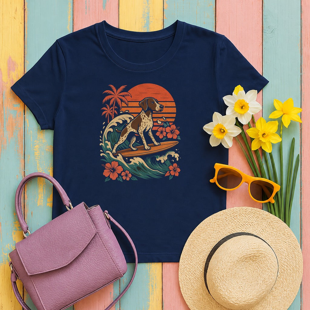 Surfing German Shorthaired Pointer On Waves T-Shirt in Navy