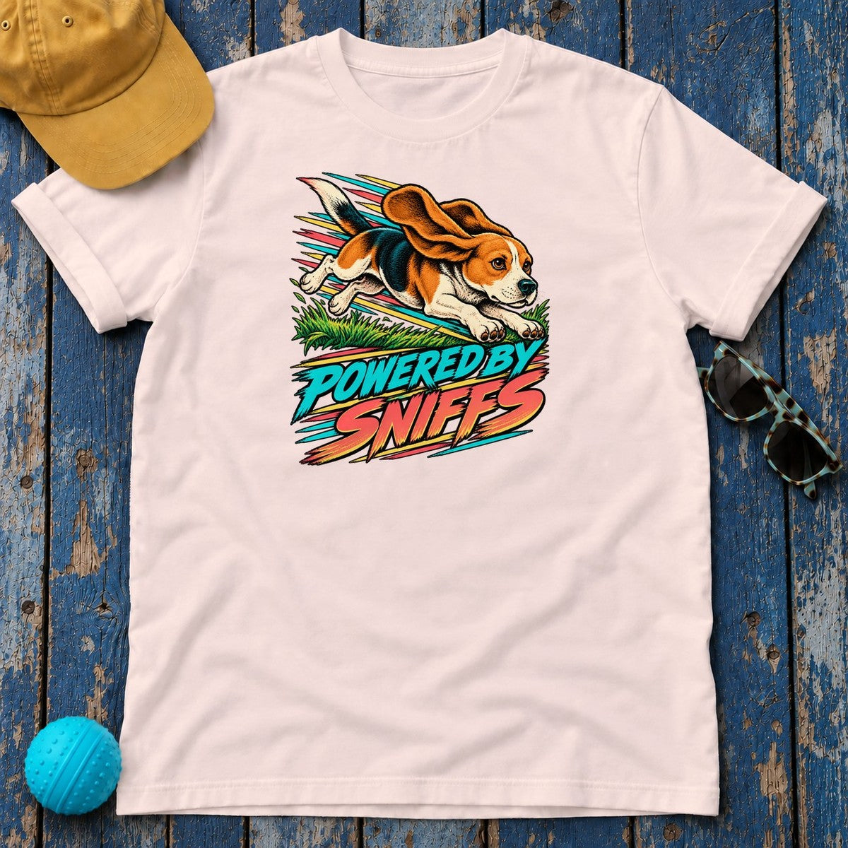 Powered by Sniffs Beagle T-Shirt in Soft Pink - flat lay
