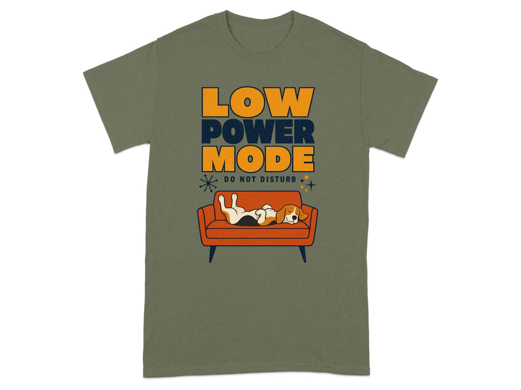 T-shirt with "Low Power Mode Do Not Disturb" text and sleeping dog on couch.
