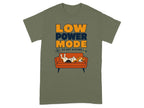 T-shirt with "Low Power Mode Do Not Disturb" text and sleeping dog on couch.