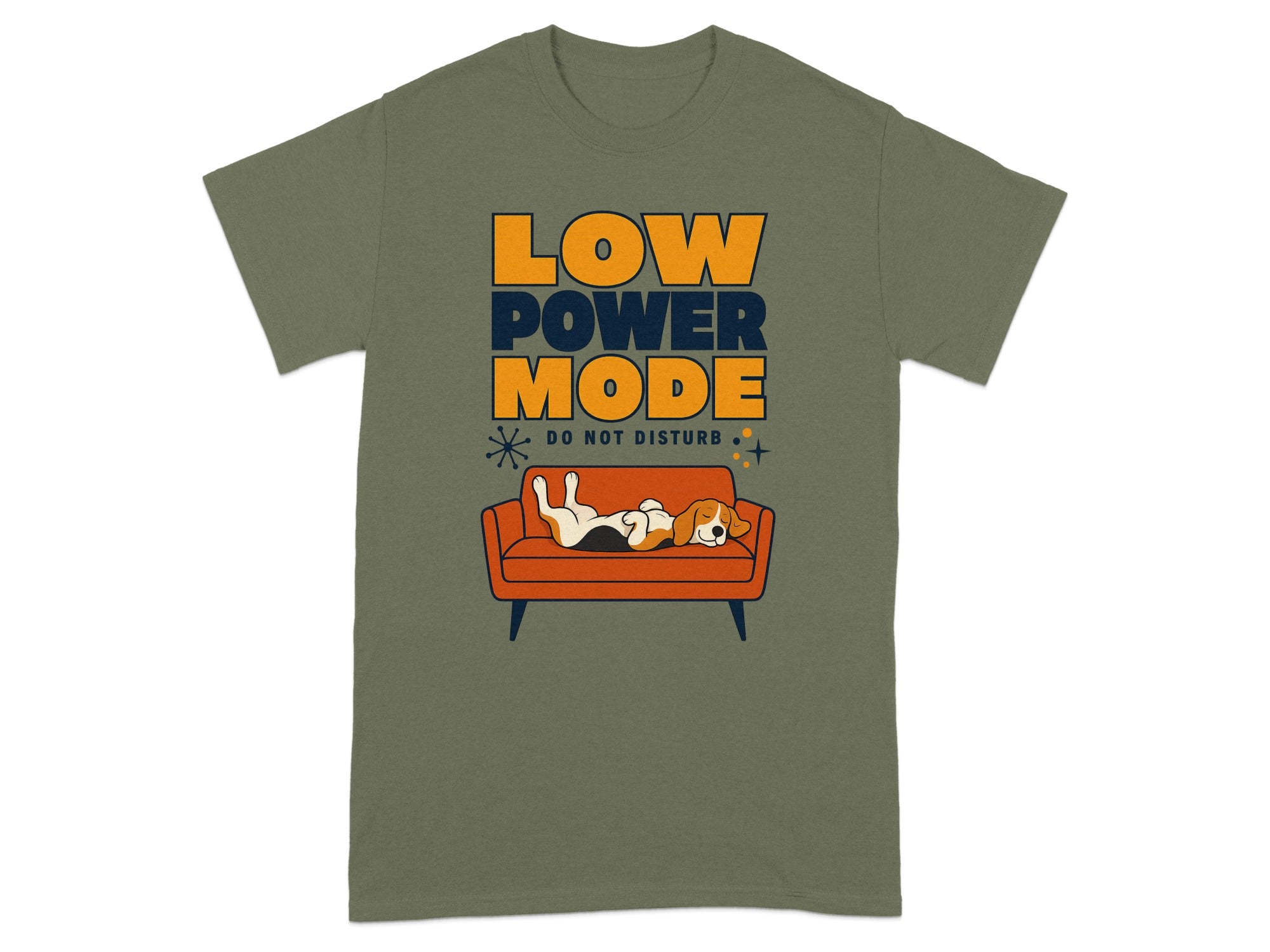 T-shirt with "Low Power Mode Do Not Disturb" text and sleeping dog on couch.