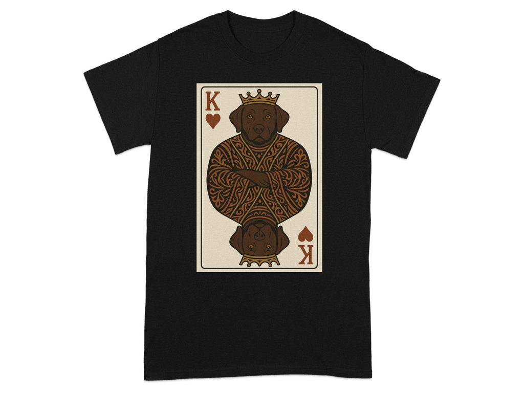 Black t-shirt with a playing card featuring a crowned dog as the King of Hearts.