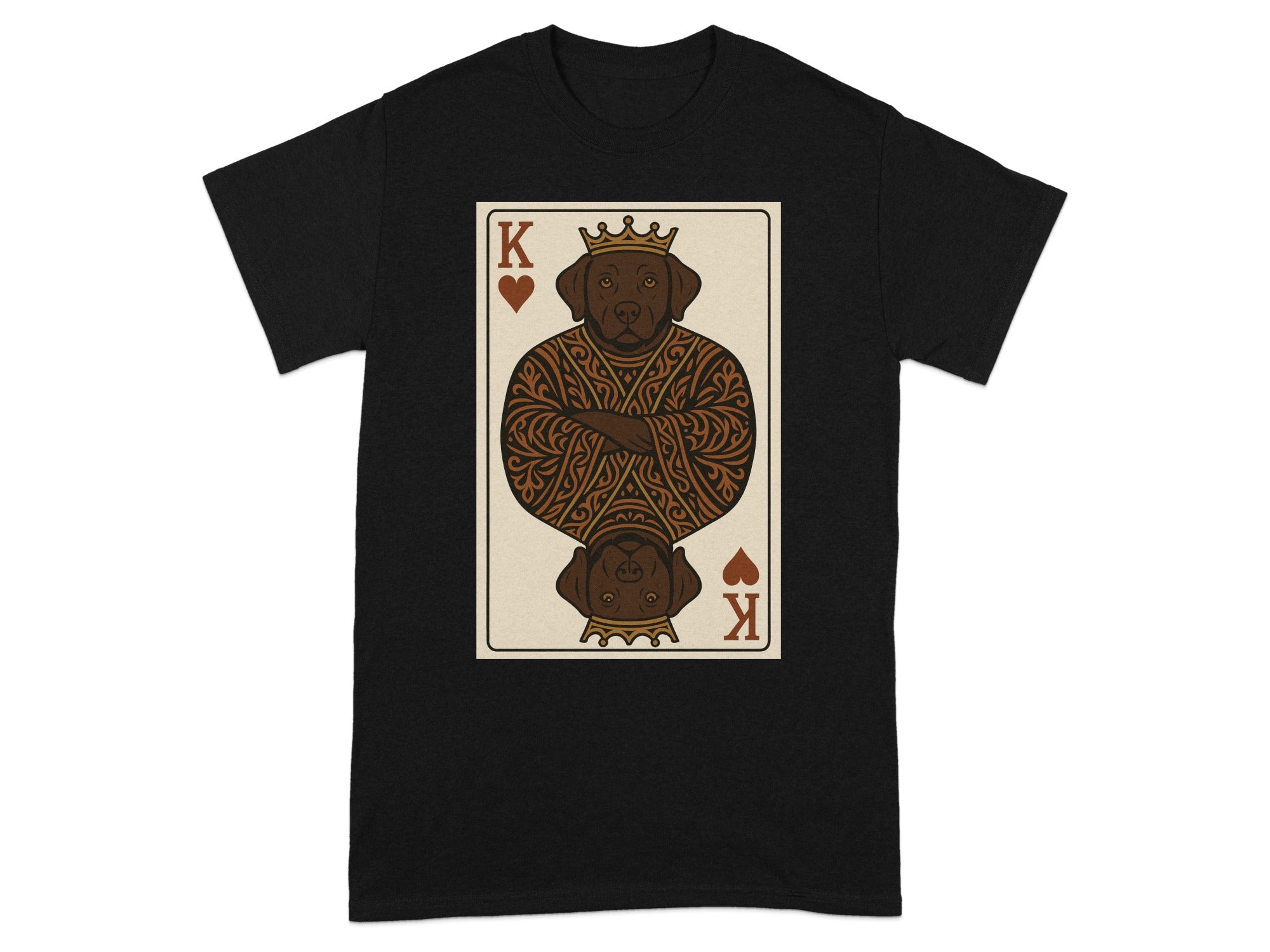 Black t-shirt with a playing card featuring a crowned dog as the King of Hearts.