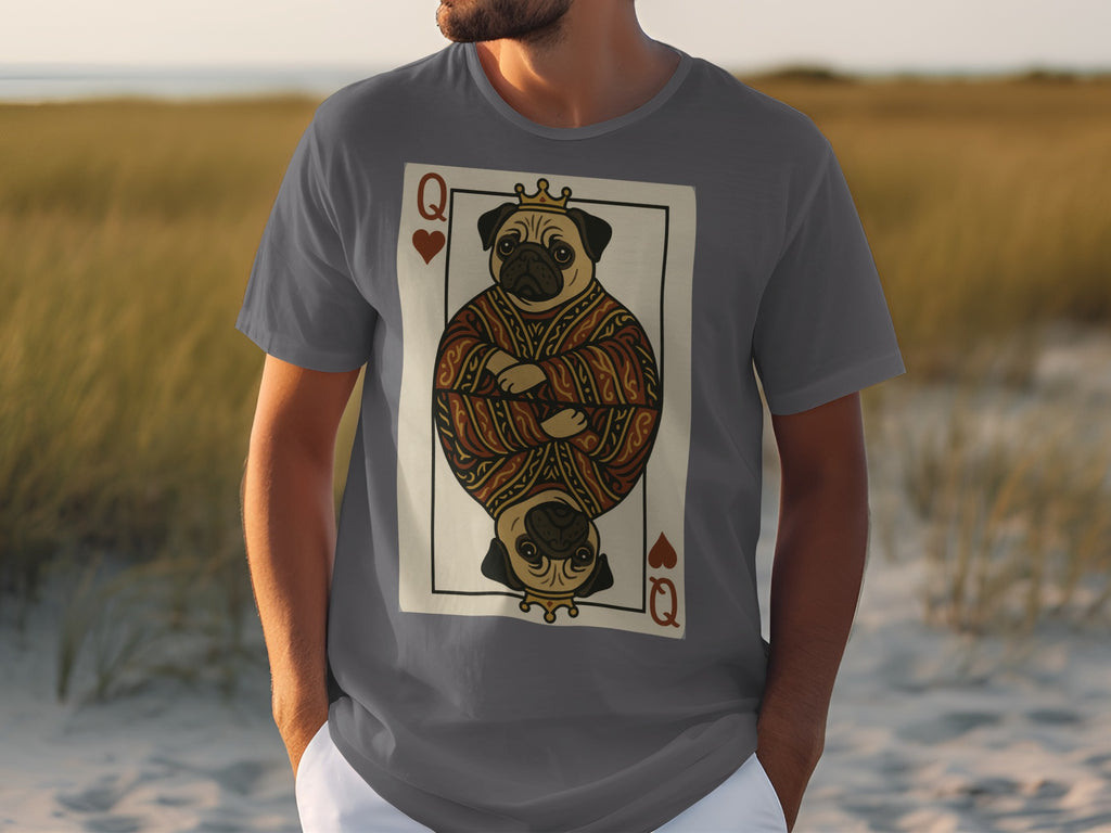 T-shirt with a Queen of Hearts card design featuring a pug.