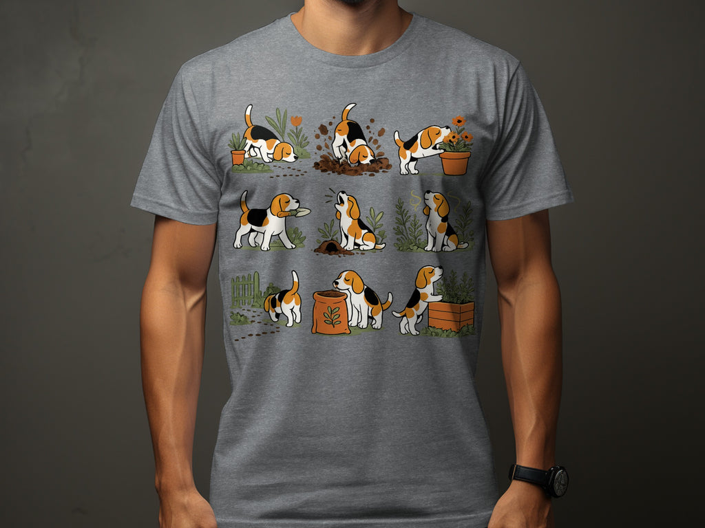 Graphic of beagles digging and interacting with flowers and plants in a garden.