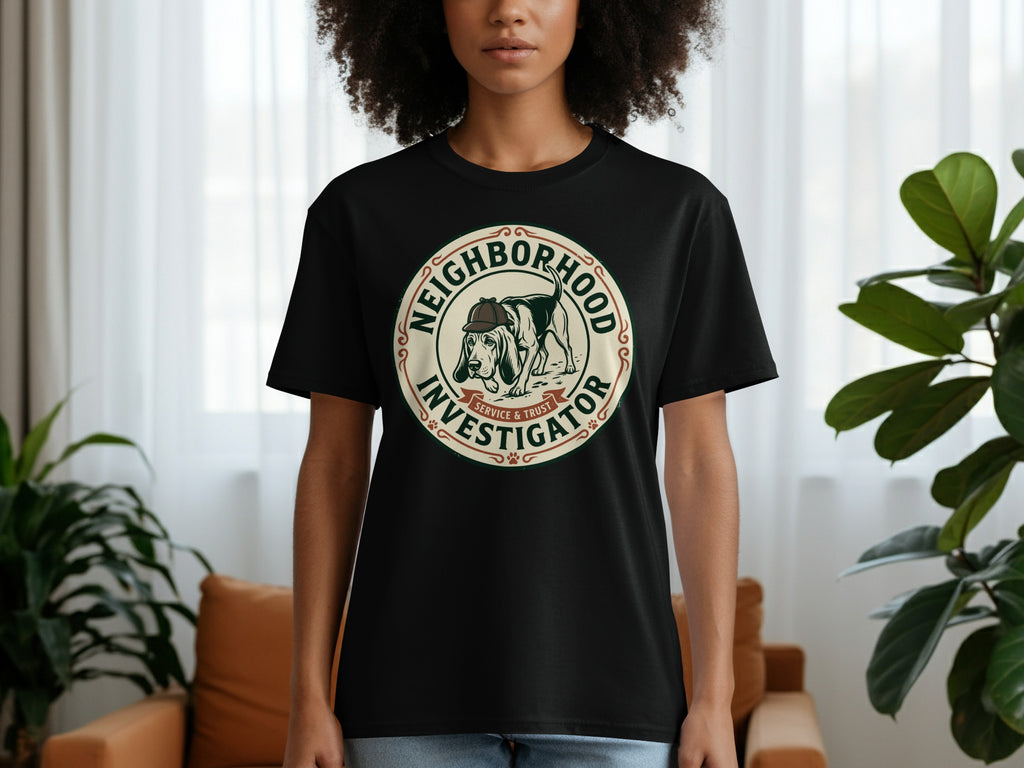 Black t-shirt with a circular "Neighborhood Investigator" logo featuring a dog wearing a hat.