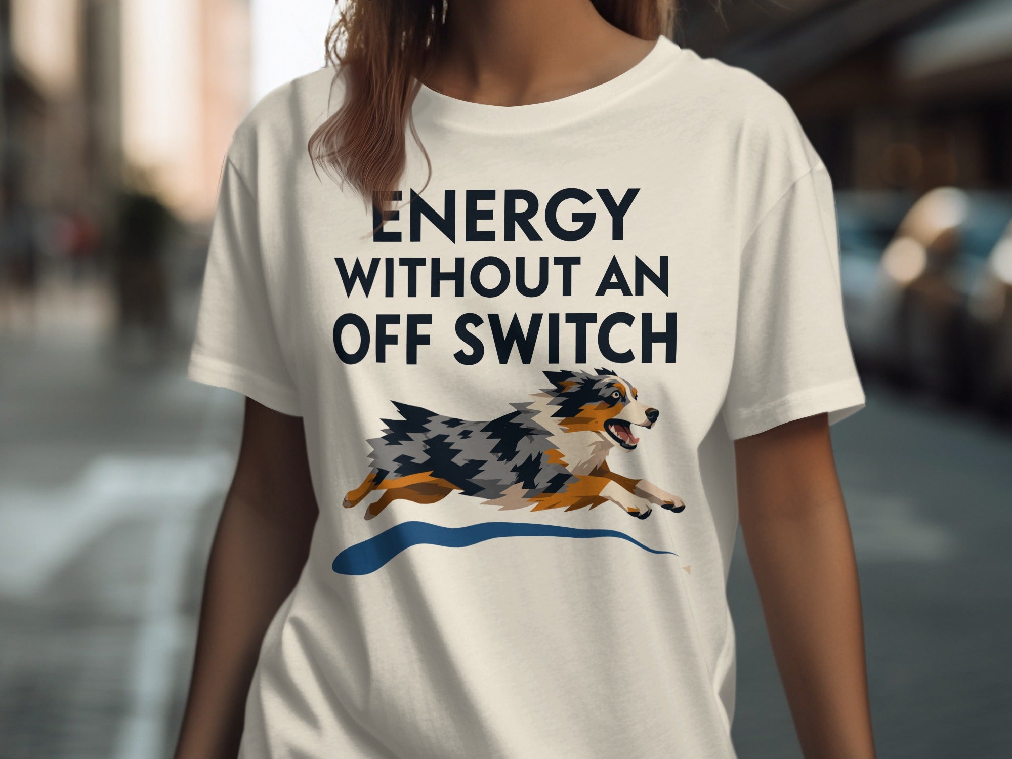 Cream t-shirt with "ENERGY WITHOUT AN OFF SWITCH" text and running dog graphic.