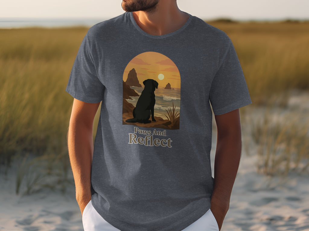 Dark gray t-shirt with graphic of black dog watching sunset over ocean, text "Paws And Reflect".