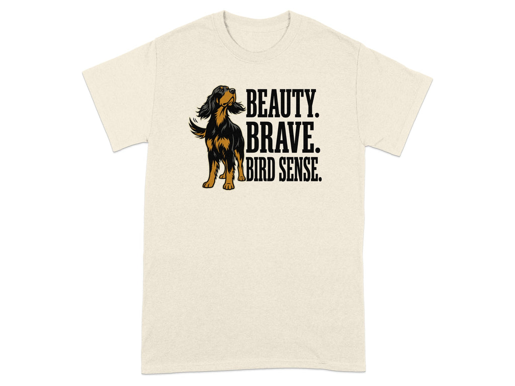 Cream t-shirt with black text "BEAUTY. BRAVE. BIRD. SENSE." and a dog.