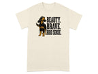 Cream t-shirt with black text "BEAUTY. BRAVE. BIRD. SENSE." and a dog.
