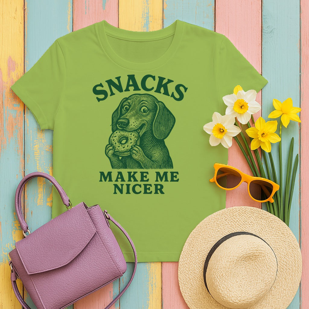 Snacks Make Me Nicer Dachshund T-Shirt in Kiwi