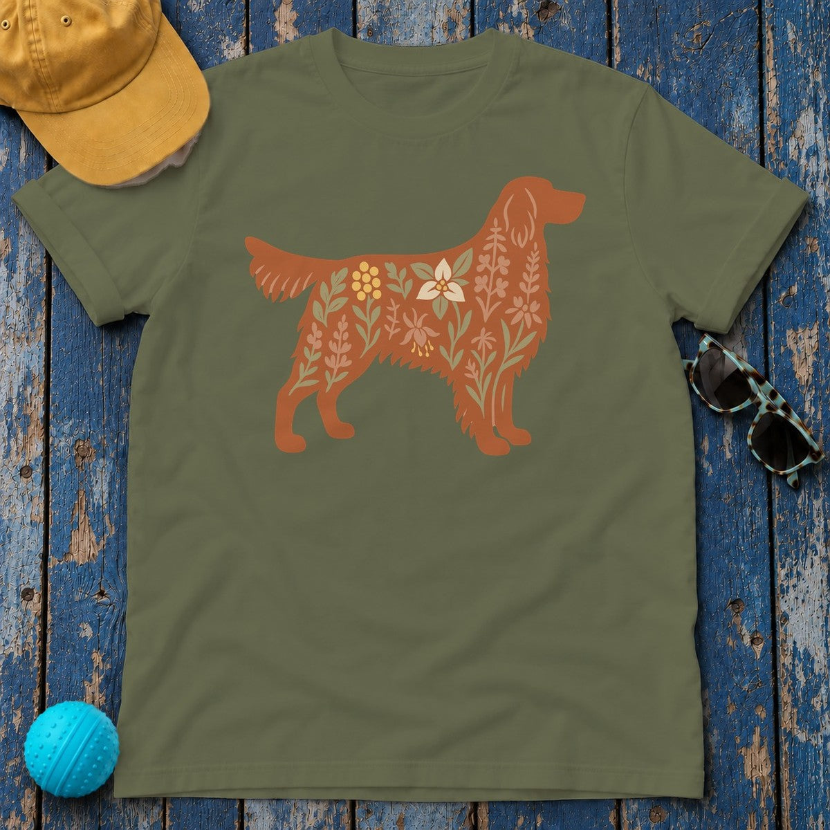 Floral Irish Setter Dog Silhouette Art Illustration T-Shirt in Military Green