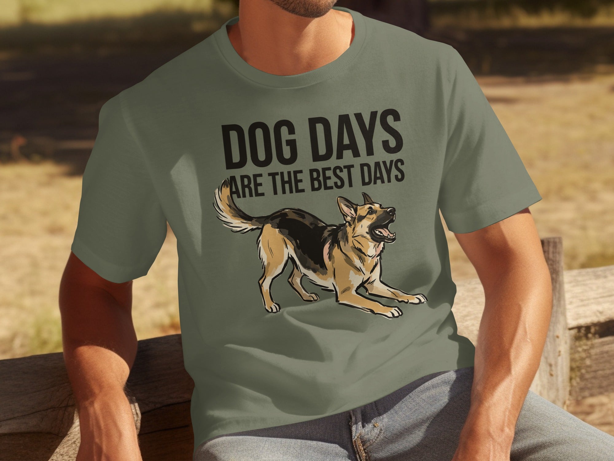 T-shirt with "DOG DAYS ARE THE BEST DAYS" and German Shepherd graphic.