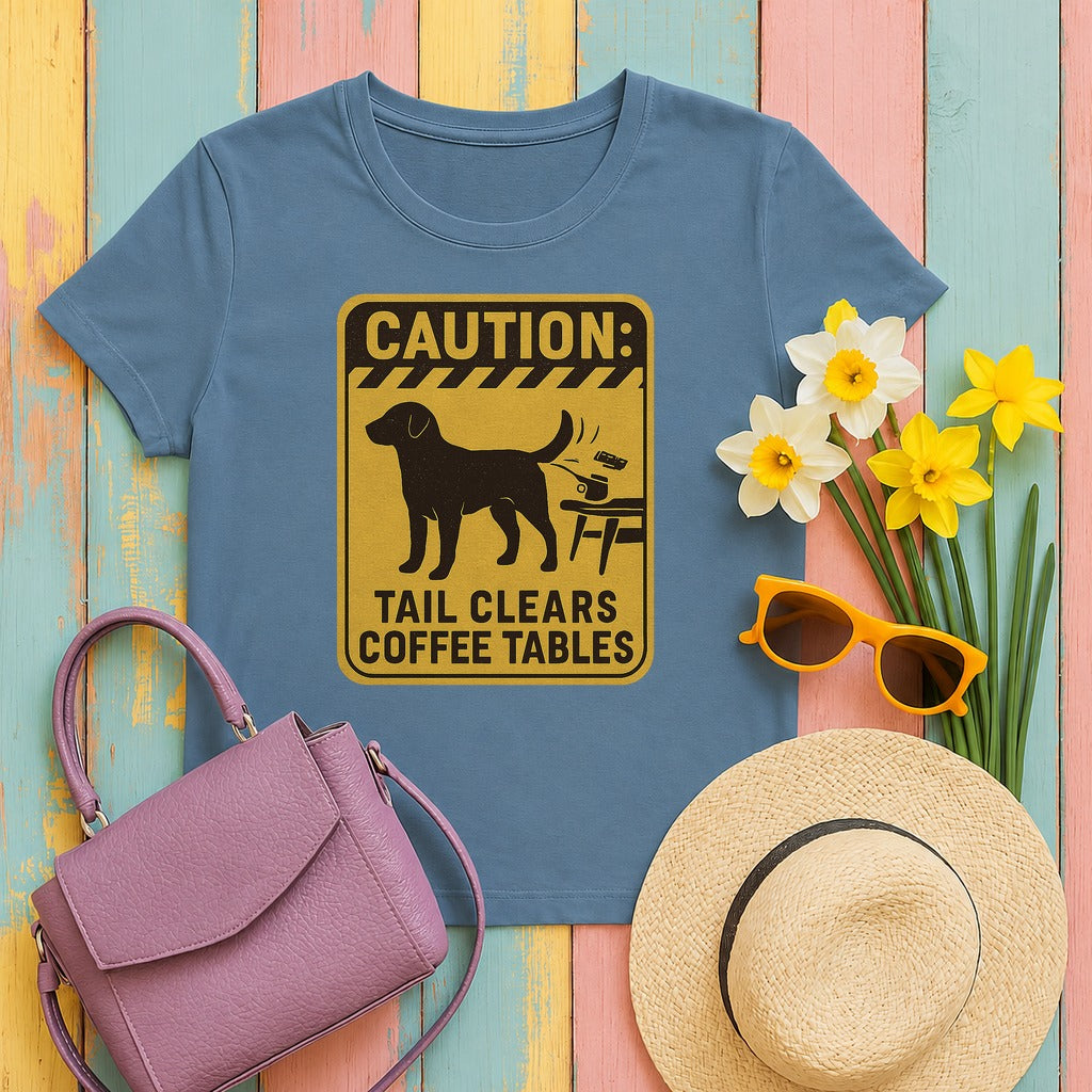 Chocolate Lab Tail Clears Coffee Tables T-shirt in Steel Blue