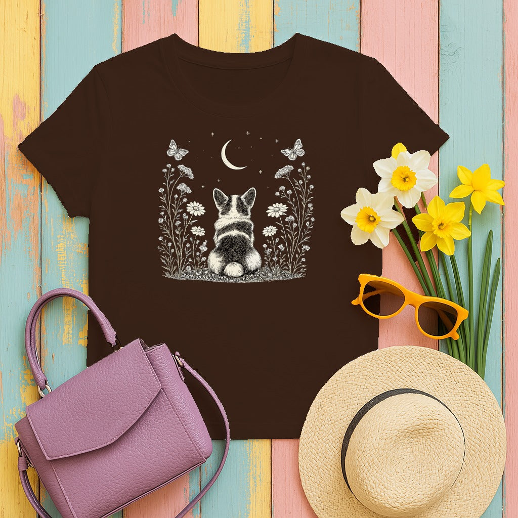 Ethereal Corgi Moon Gaze T-Shirt in Dark Chocolate