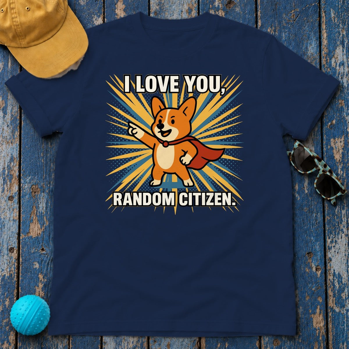 I Love You Random Citizen Corgi Hero T-Shirt in Navy