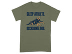 Olive green t-shirt with "SLEEP ATHLETE. OCCASIONAL DOG." text and a dog lying down.