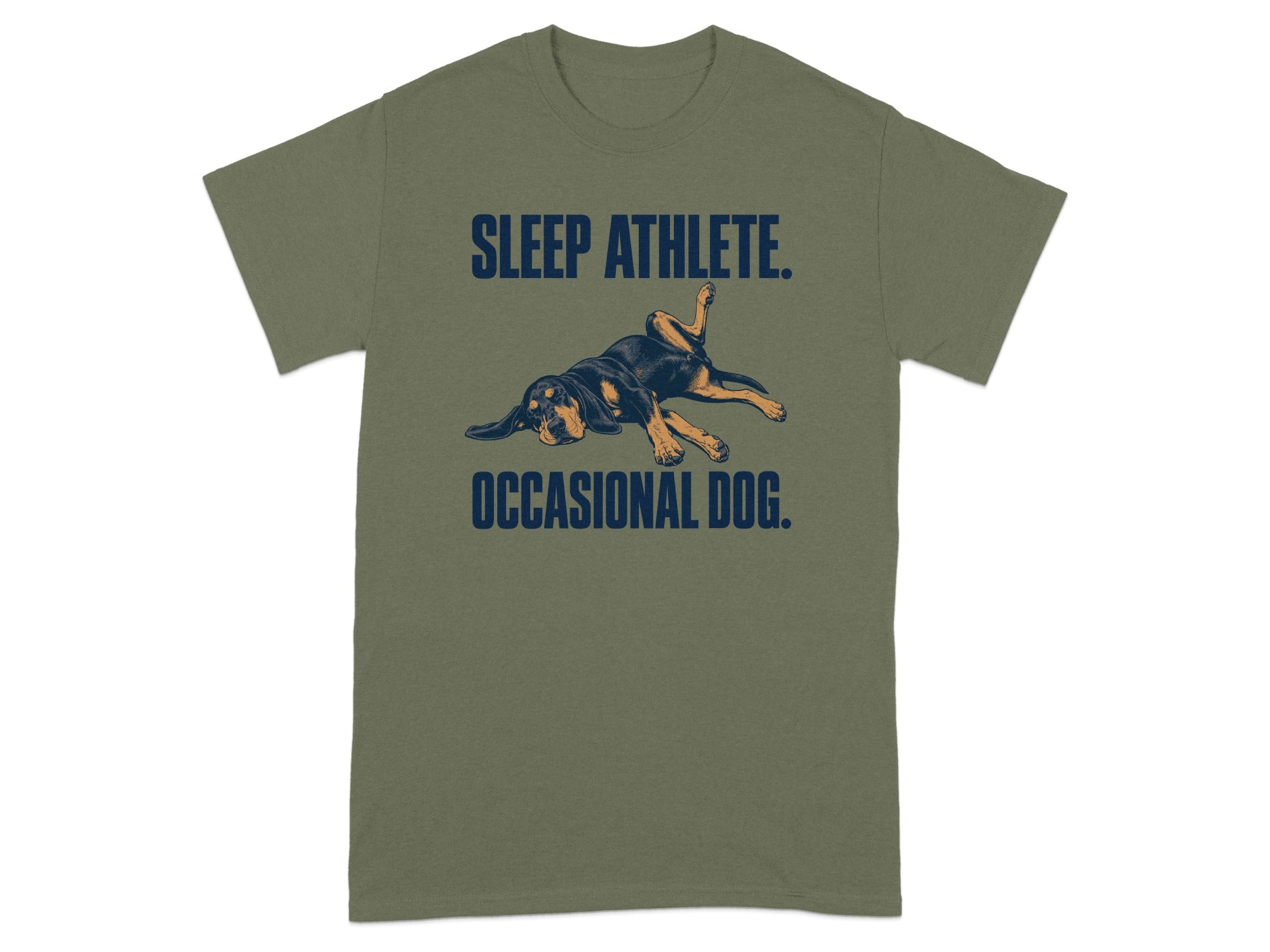 Olive green t-shirt with "SLEEP ATHLETE. OCCASIONAL DOG." text and a dog lying down.
