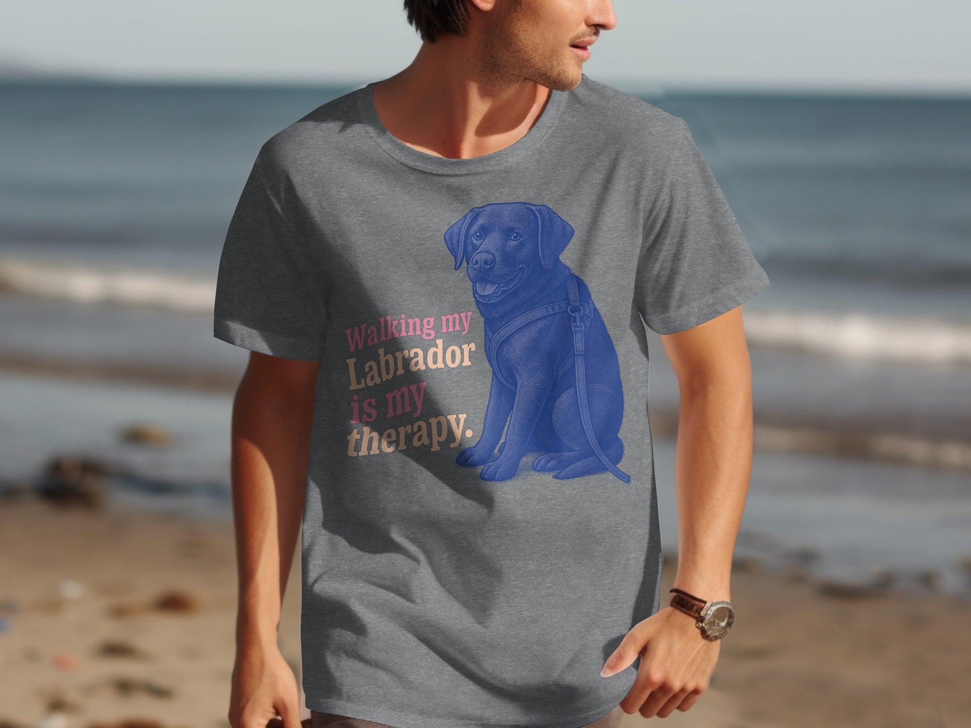 Grey t-shirt with blue labrador illustration and text.