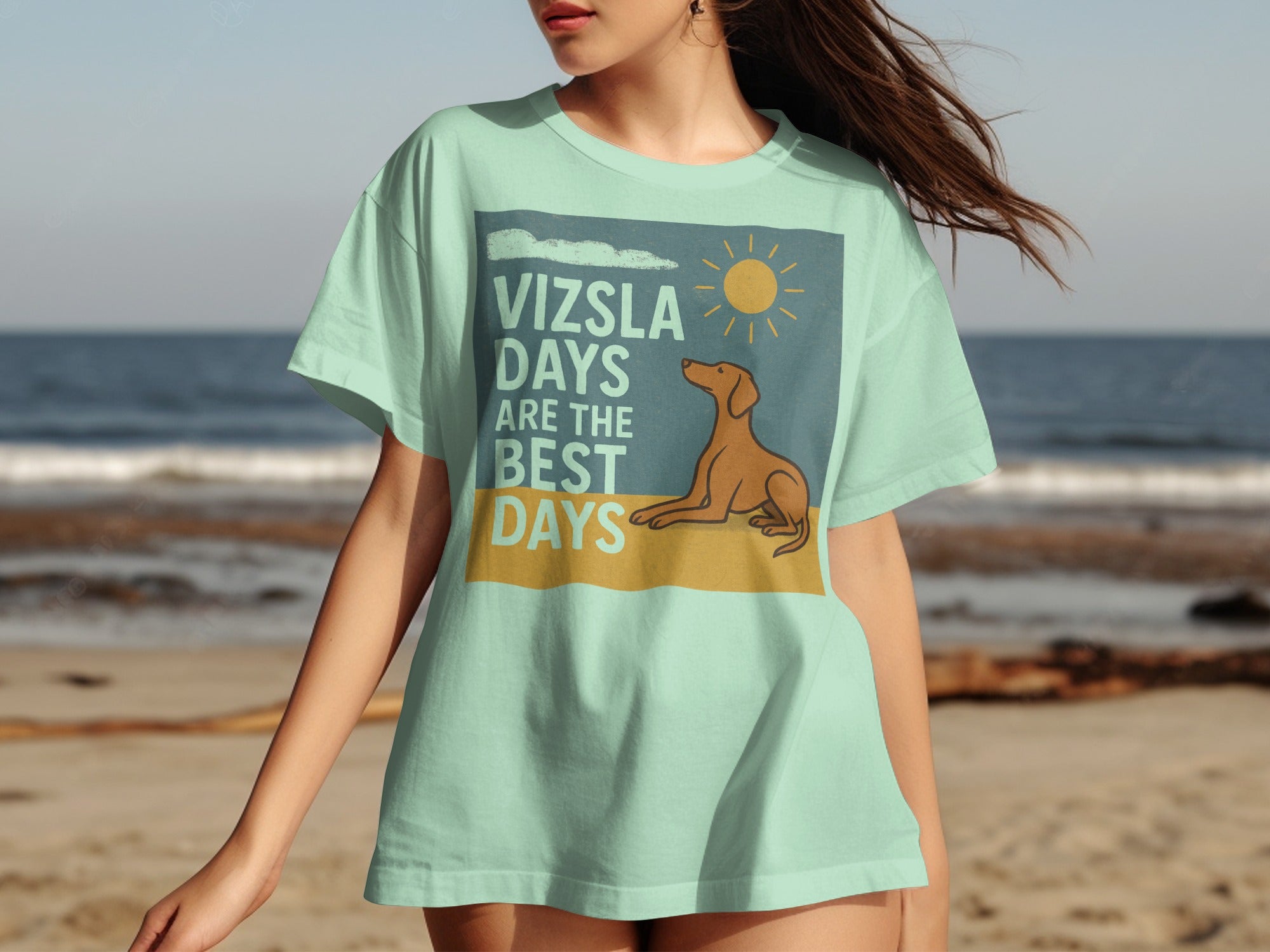Vizsla days graphic on mint t-shirt with sun and dog at the beach.