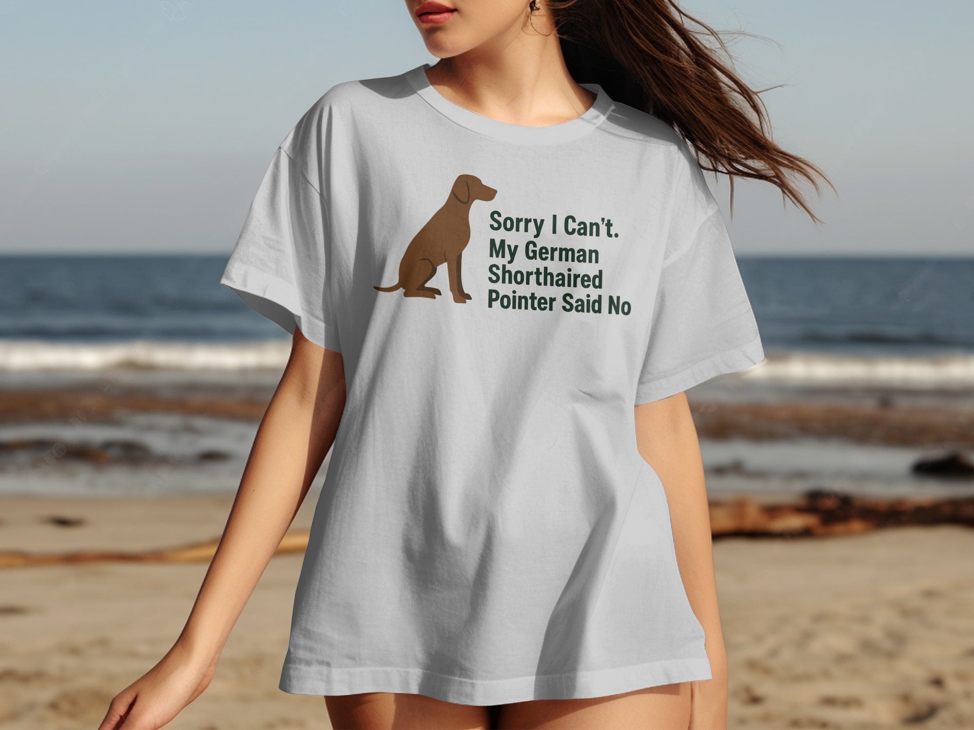 White t-shirt with graphic: brown German Shorthaired Pointer and text