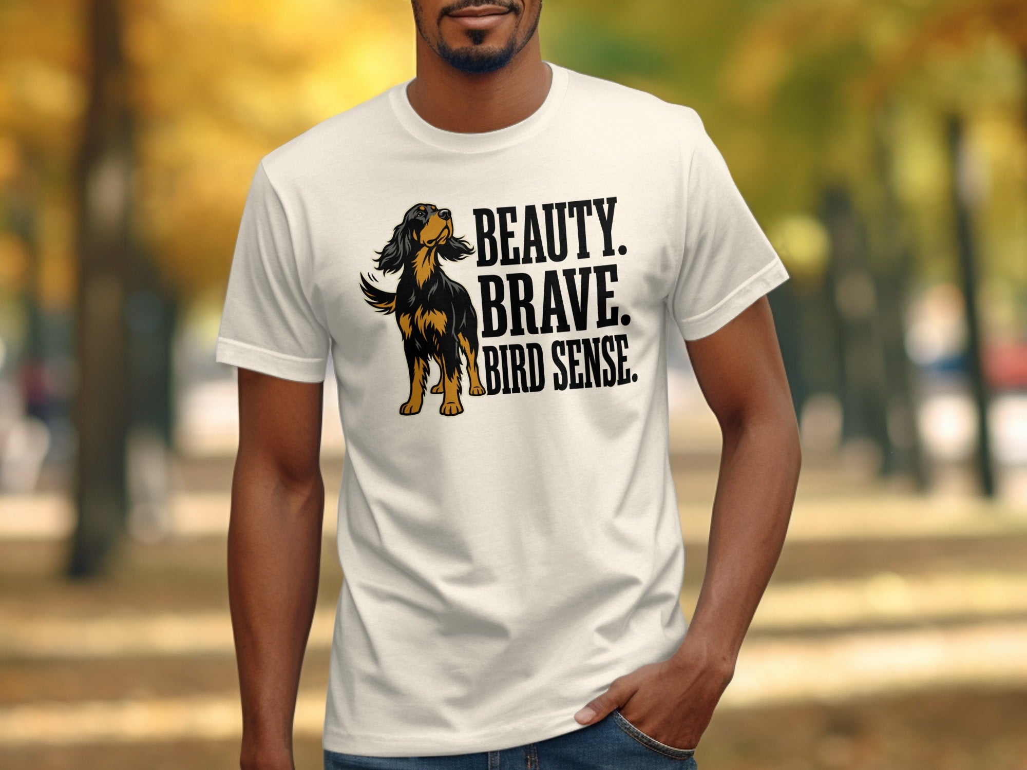 White t-shirt with "BEAUTY. BRAVE. BIRD SENSE." text and a dog graphic.