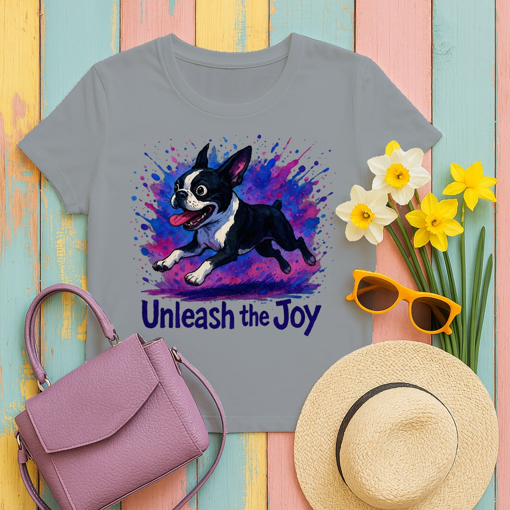 Unleash the Joy Boston Terrier Splash T-Shirt in Gravel
