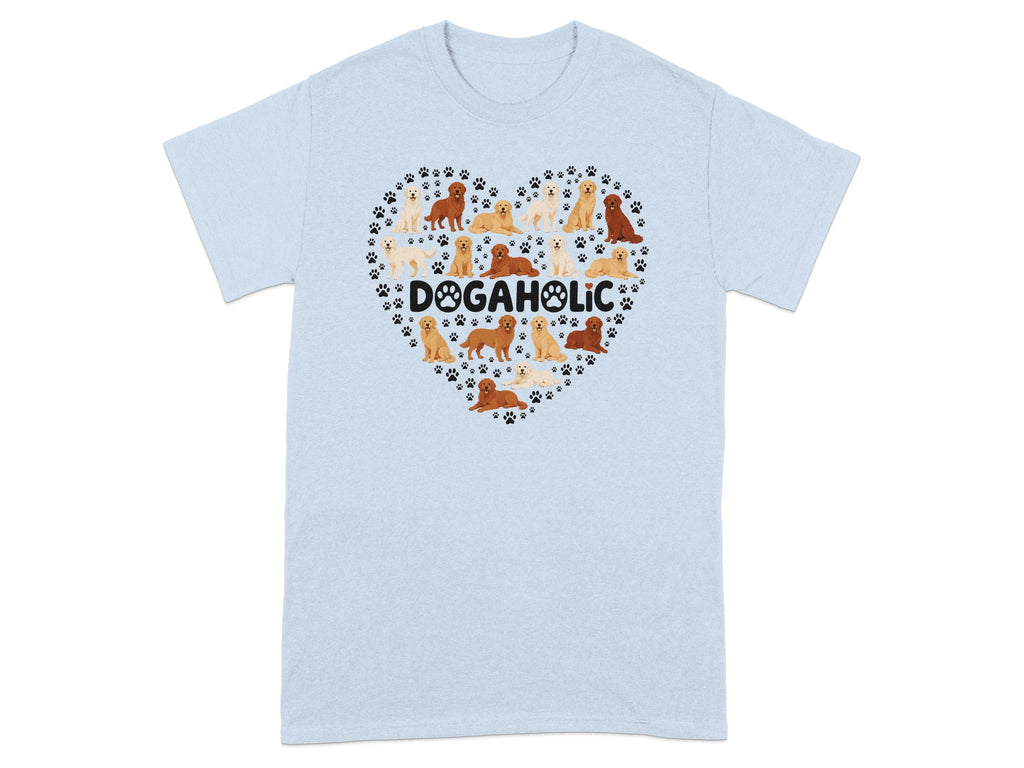 Light blue t-shirt with a heart shape formed by various dogs and paw prints.