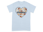 Light blue t-shirt with a heart shape formed by various dogs and paw prints.