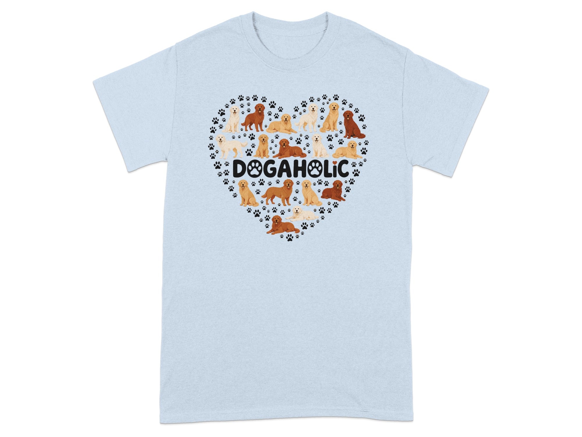 Light blue t-shirt with a heart shape formed by various dogs and paw prints.