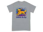 Golden retriever running through colorful paint splatters with text "Unleash the Joy".