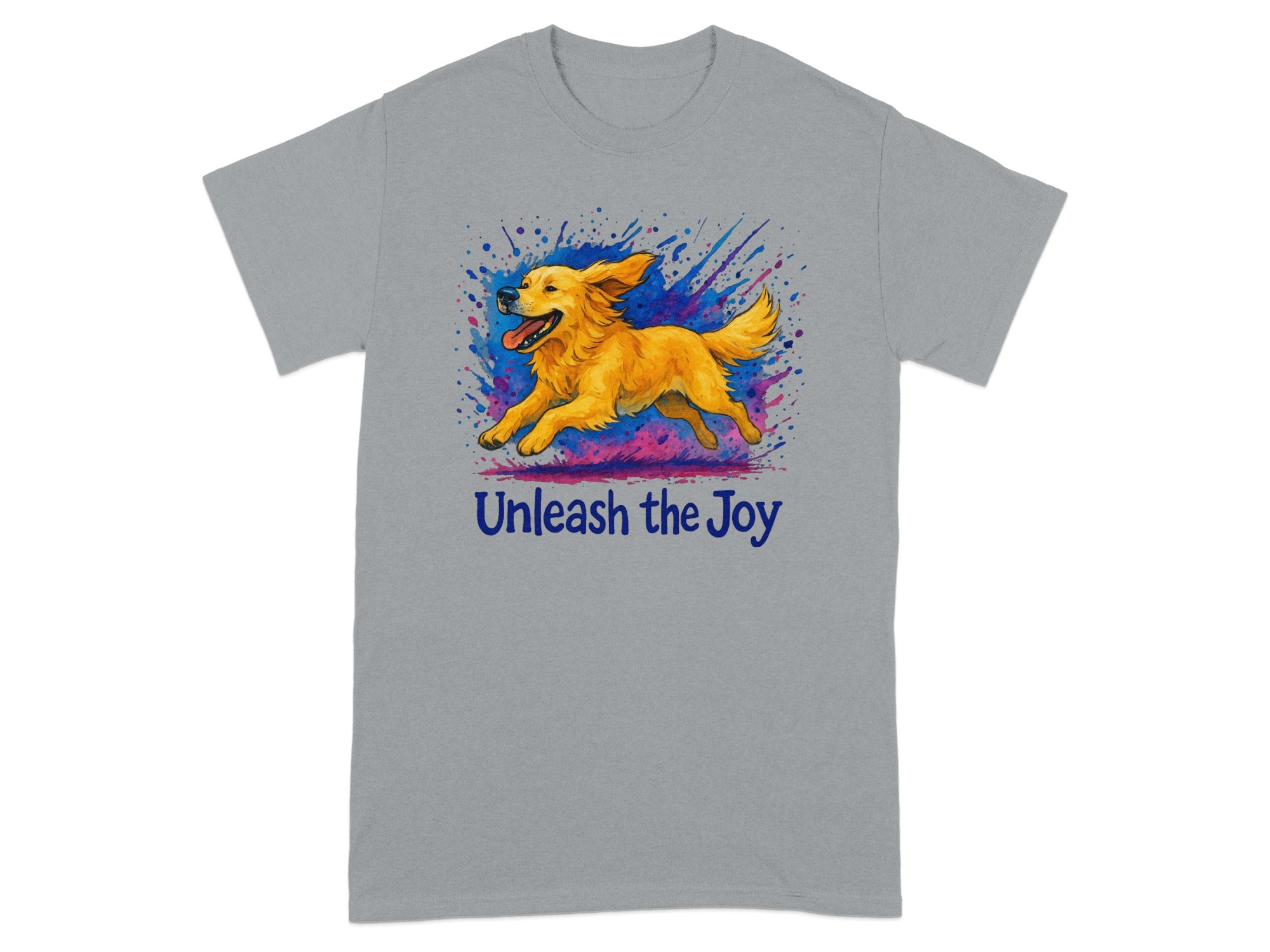 Golden retriever running through colorful paint splatters with text "Unleash the Joy".