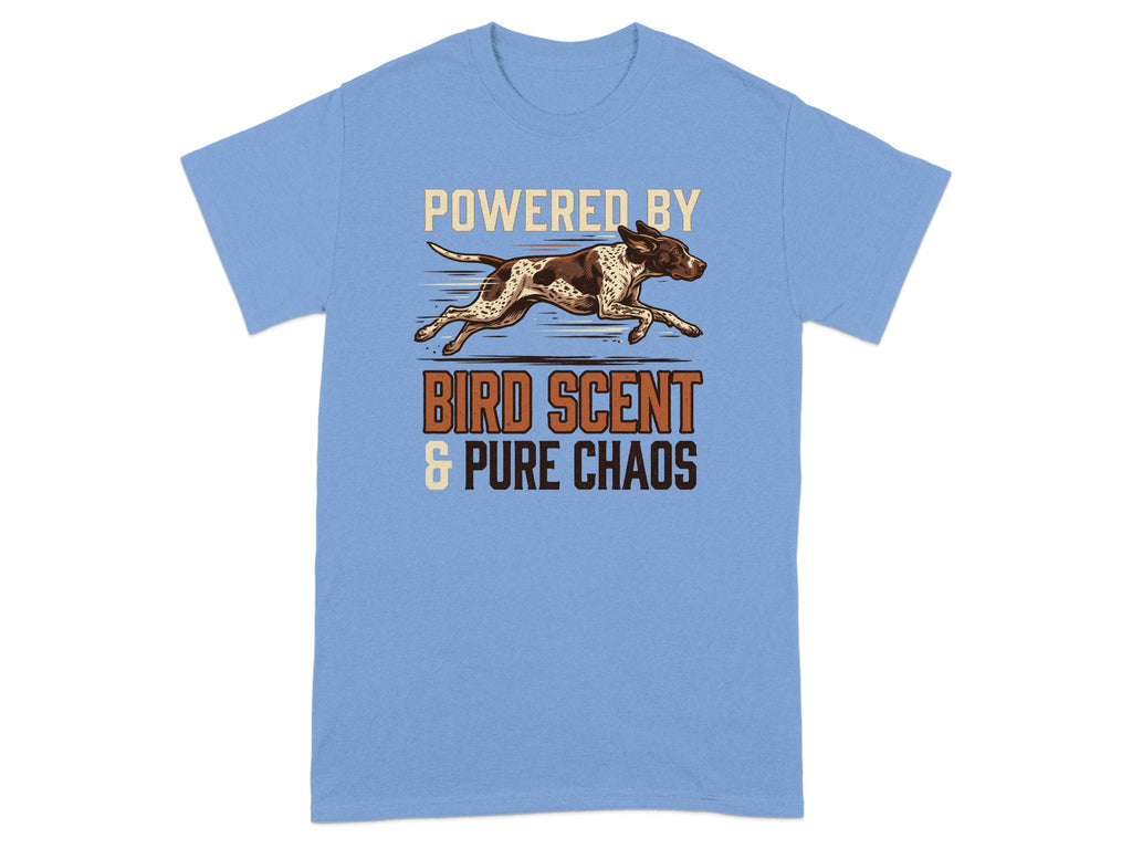 Light blue t-shirt with dog running and text "Powered by Bird Scent & Pure Chaos".