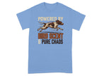 Light blue t-shirt with dog running and text "Powered by Bird Scent & Pure Chaos".