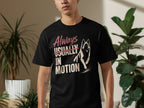 Black t-shirt with "Always Usually In Motion" text and dog graphic.