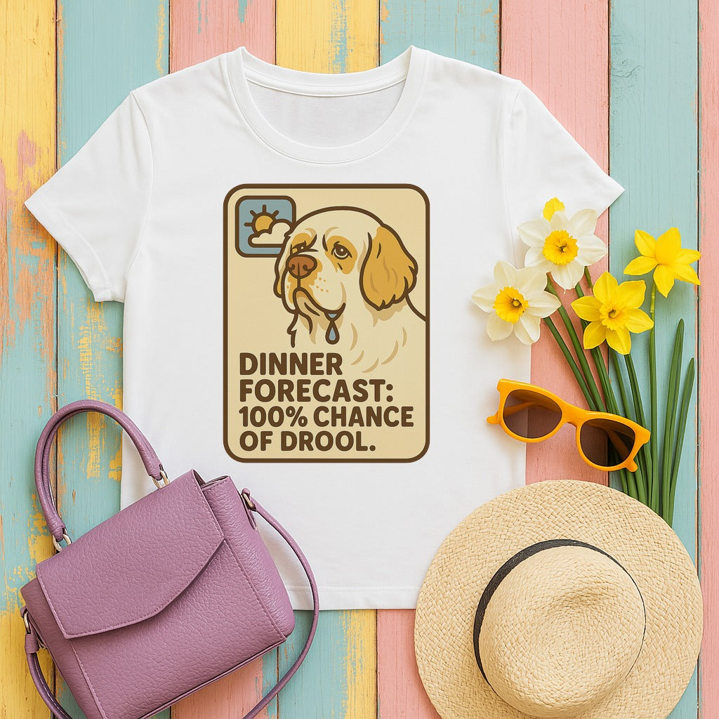 clumber spaniel dinner-forecast tee flat lay hero
