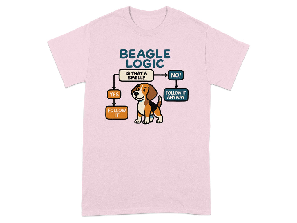 Beagle Logic flowchart on a pink t-shirt with a beagle illustration.