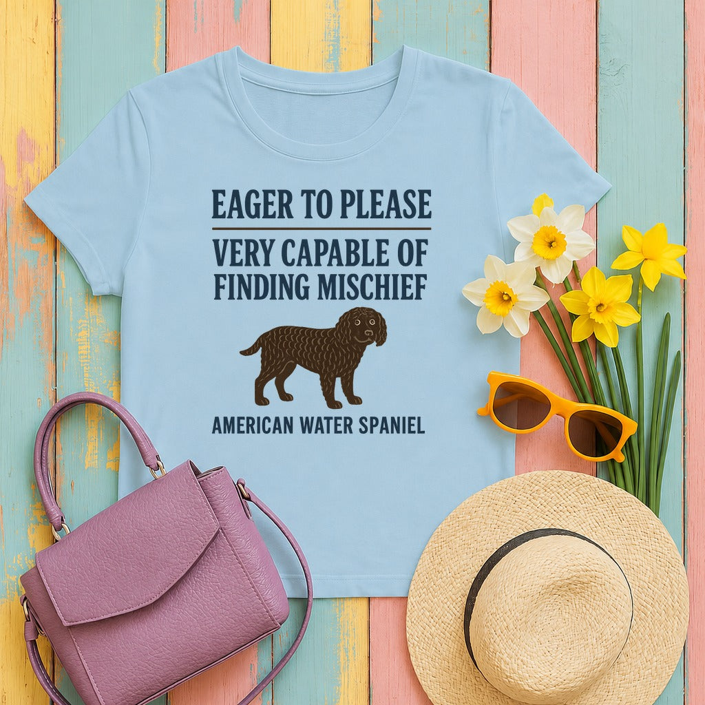 American Water Spaniel Eager To Please And Finding Mischief Tee in Light Blue