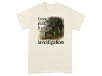 Long-haired black dog wearing a deerstalker hat, with text "Every Walk Is an Investigation".